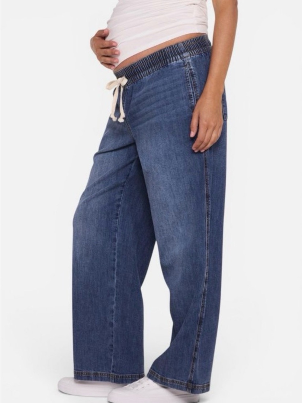 Motherhood Maternity Women's Under the Belly Tie Waist Denim Wide Leg Pant